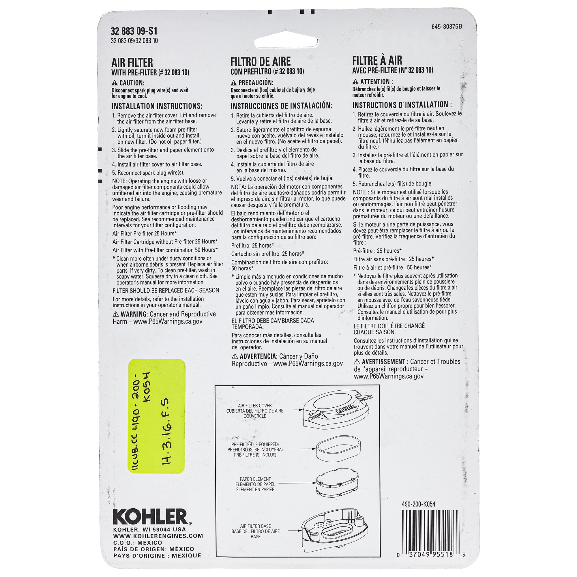 CUB CADET 490-200-K054 Kohler 7000 Series Air Filter