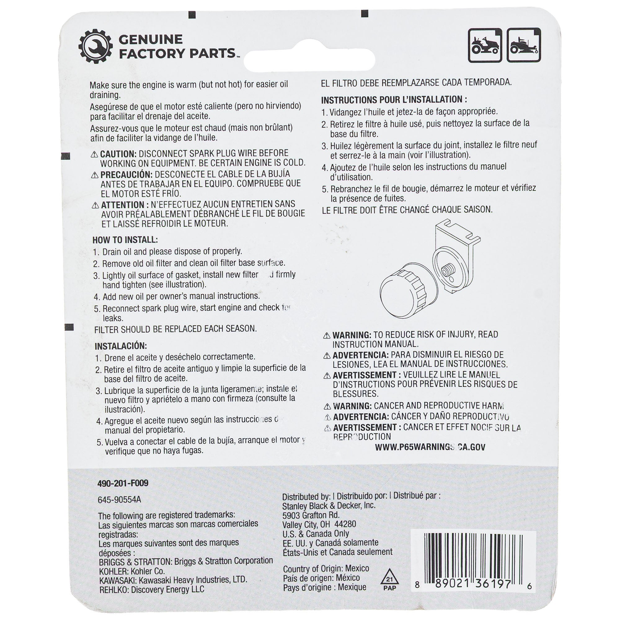 MTD 490-201-F009 Short Oil Filter