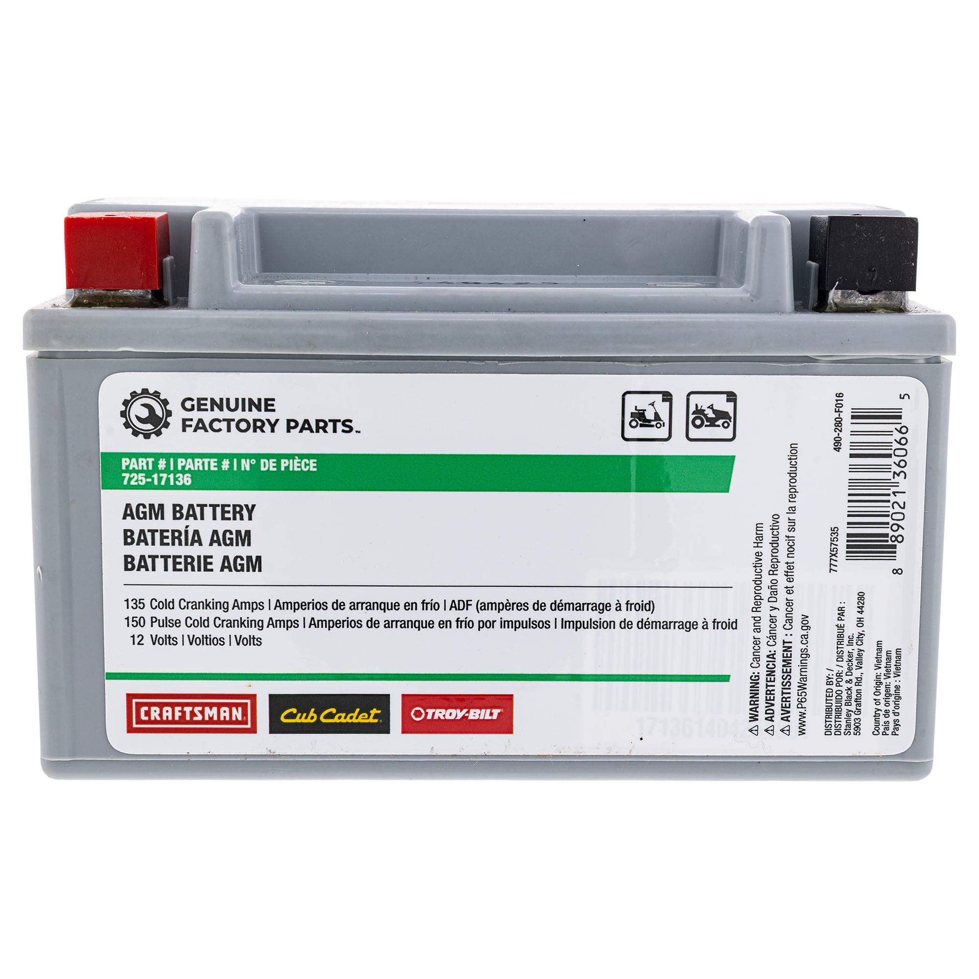 CUB CADET 490-280-F016 135CCA 12 Volt AGM Battery