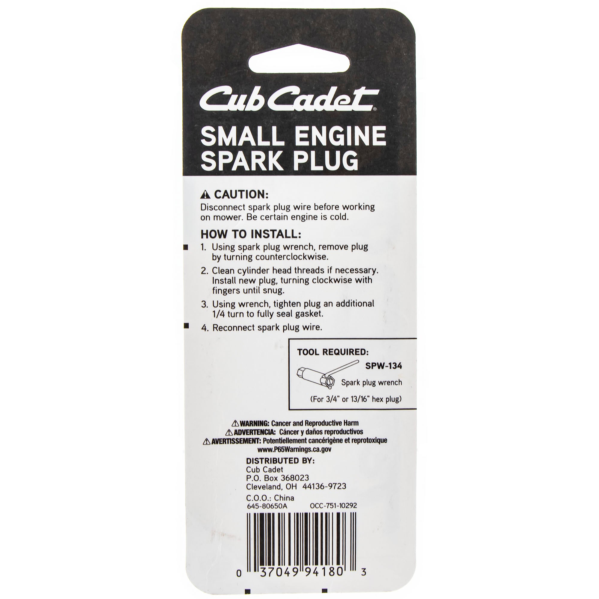 CUB CADET OCC-751-10292 Spark Plug