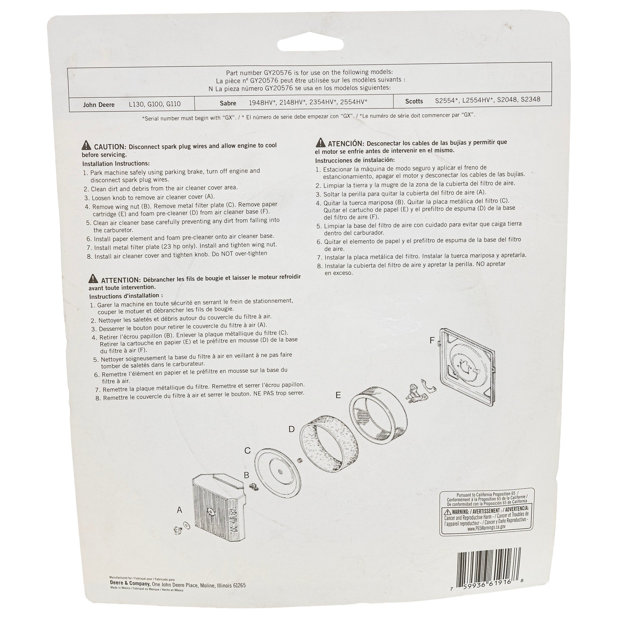 John Deere GY20576 Air Cleaner Kit