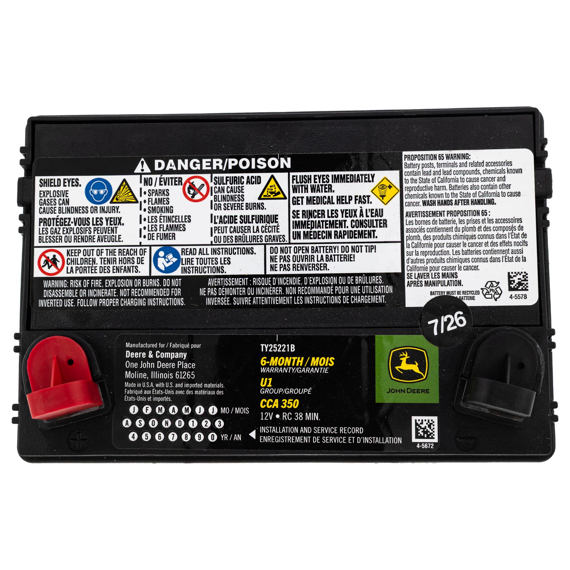 John Deere TY25221B Wet Charged Battery