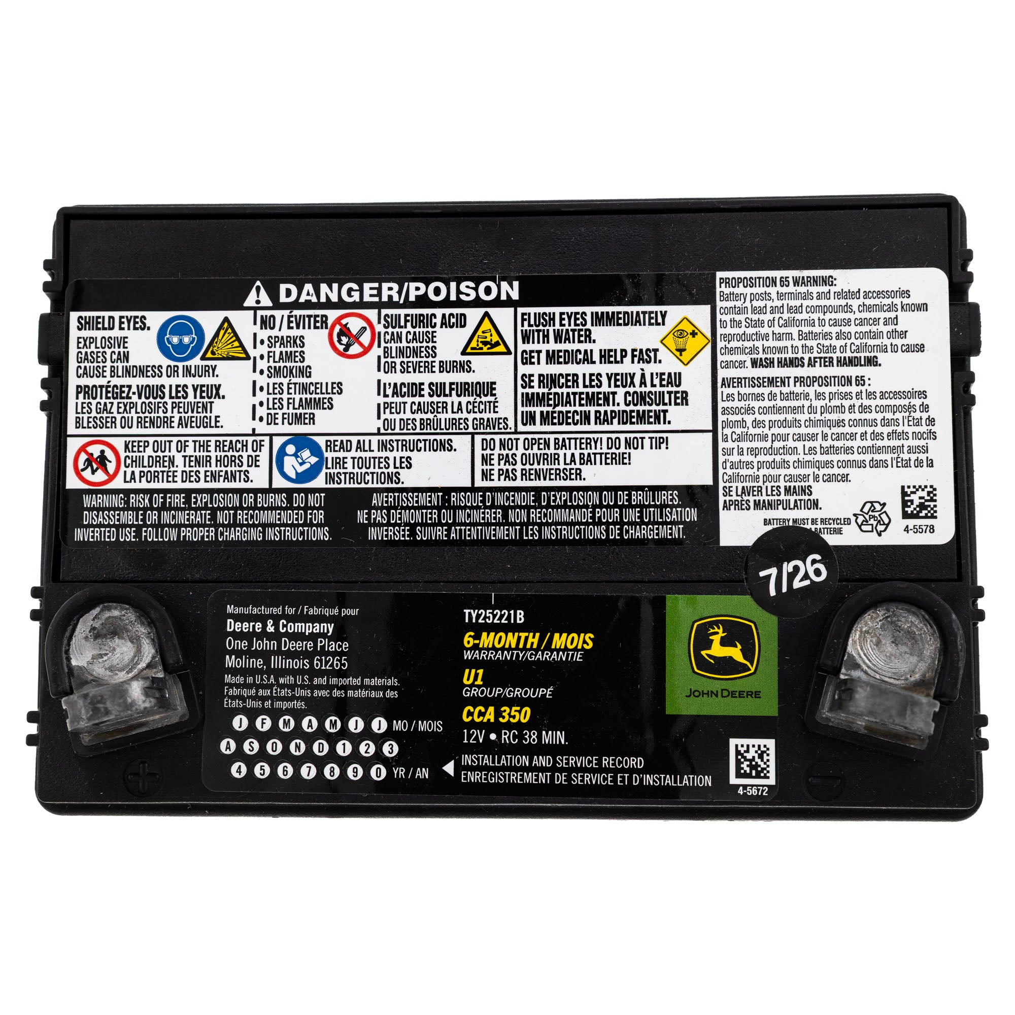 John Deere TY25221B Wet Charged Battery