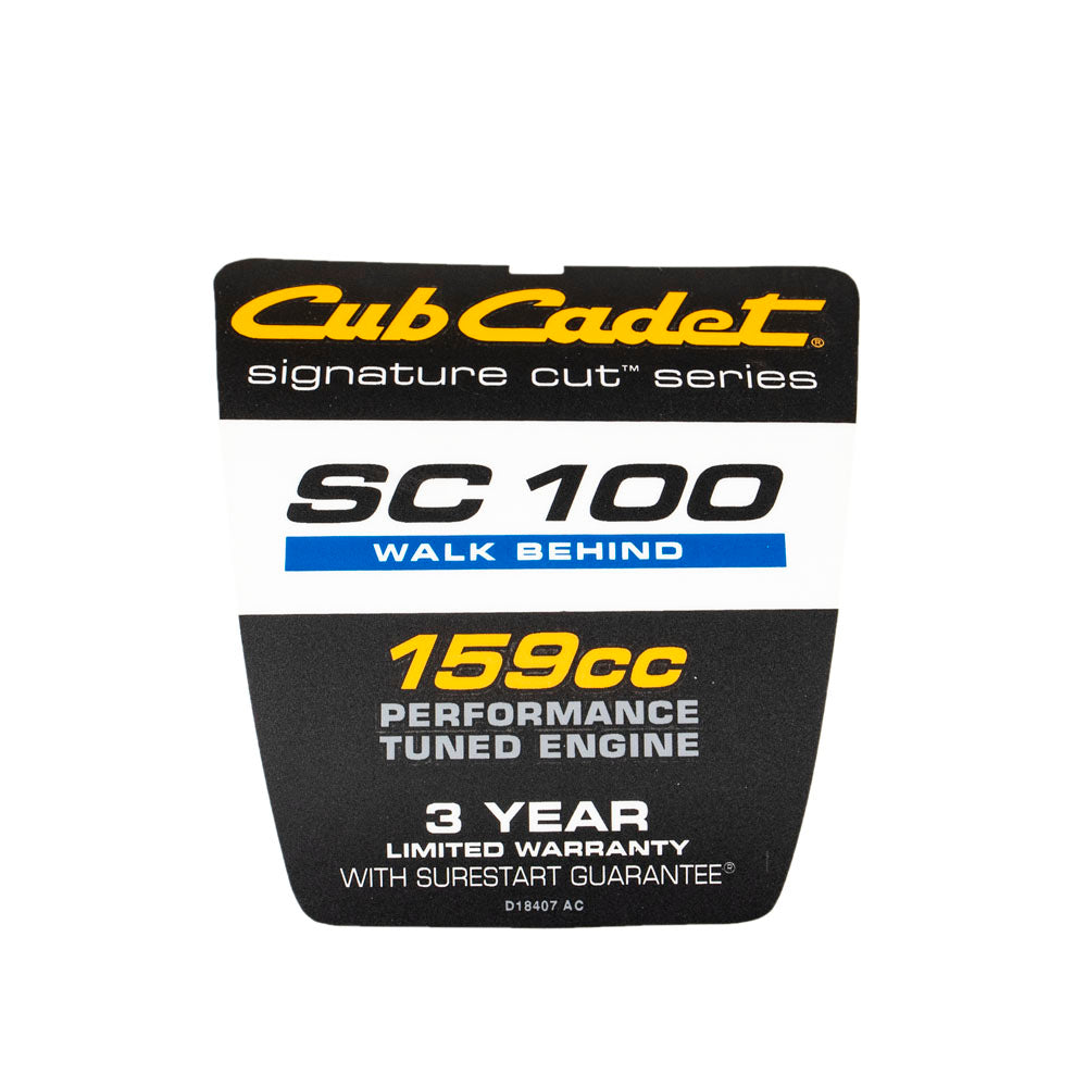 CUB CADET 777D18407 SC 100 Logo Shroud Label